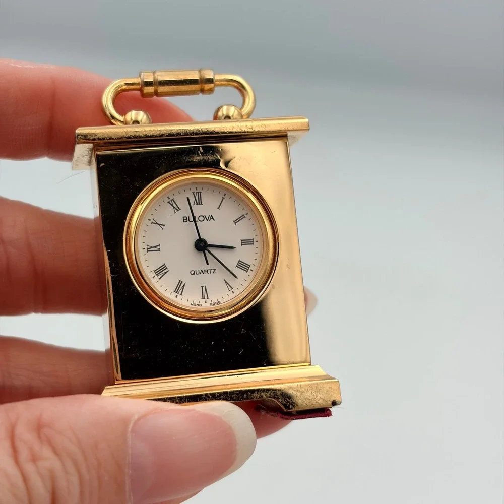 Bulova Miniature Carriage Clock Gold Tone Brass Quartz Analog Roman Numeral Desk